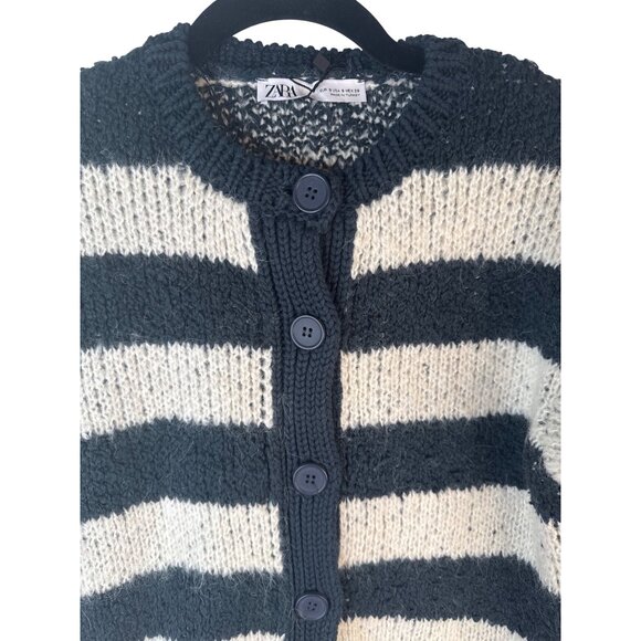 ZARA Striped Small Button-Up Cardigan Sweater Navy Blue & Cream Cotton Blend NWT - Picture 7 of 13